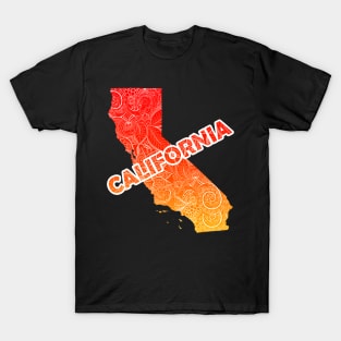 Colorful mandala art map of California with text in red and orange T-Shirt